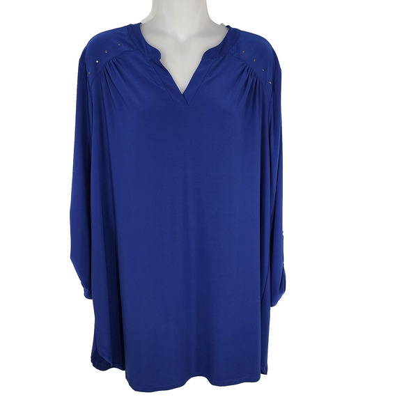 Denim & Co Tunic Top Womens 1X Blue Split V Neck 3/4 Tab Sleeve Studded Detail - Picture 1 of 11